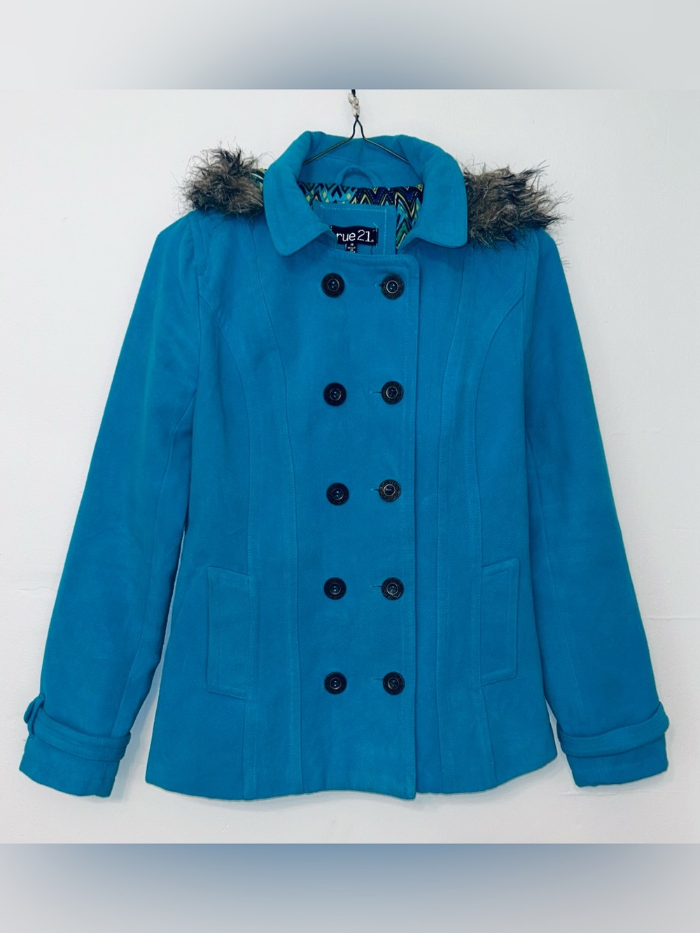 Rue21 Bright Teal Turquoise Double-Breasted Peacoat with Faux Fur Hood Trim